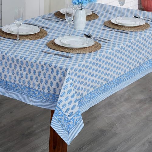 Cerulean Blue Hand Block Print Cotton Tablecloth 140x72 Rectangle - Rustic Farmhouse Style