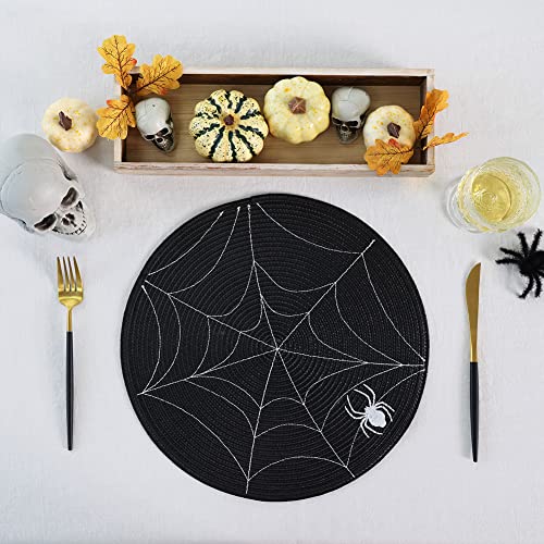 Feuille Halloween Placemats Set of 4 - Black & White Spider Web Round Table Decor