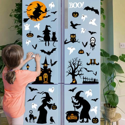 Halloween Window Clings - Reusable Indoor Decor with Ghost, Skeleton & Bats, 8 Sheets