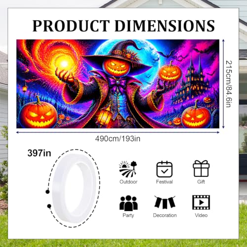 7x16 ft Halloween Garage Door Banner - Blacklight Glow-in-The-Dark Pumpkin Wizard Scene - Outdoor Party Decor - Variation 278