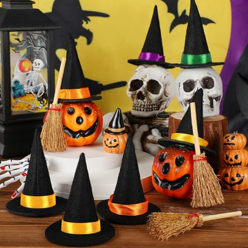 16Pcs Mini Witch Hat Set with Small Brooms for Halloween Party Crafts