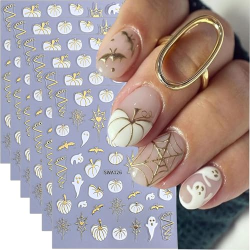Halloween Nail Art Stickers Set - Gold2 3D Self-Adhesive Pumpkin Ghost Spider Web Decor