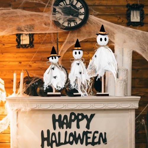 Halloween Ghost Centerpieces with Wooden Stand - Spooky Party Decor Set