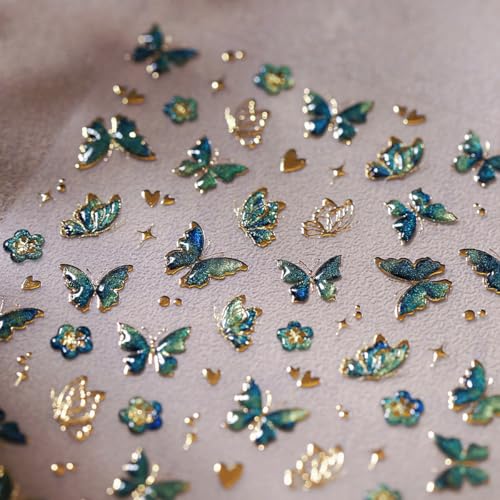 Butterfly Nail Stickers-4 Self-Adhesive 3D Embossed Green Gold Butterfly Designs