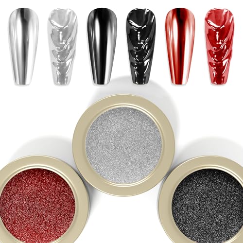 Chrome Nail Powder Set - 3 Colors Mirror Effect Glitter for Nails - Variation of 3ps-Red Black Silver