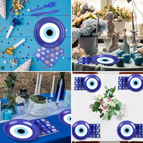 Blue Evil Eye Party Paper Plates Napkins Set - Disposable Halloween Decor 24 Servings