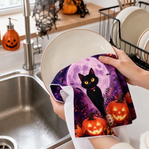 Halloween Kitchen Towels Set of 2 - Microfiber Spooky Cat Pumpkin Design - Halloween Variation