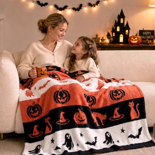 Reversible Halloween Throw Blanket with Black Cat Witch Hat Pumpkin Design - 50x60 inches - Cozy Home Decor