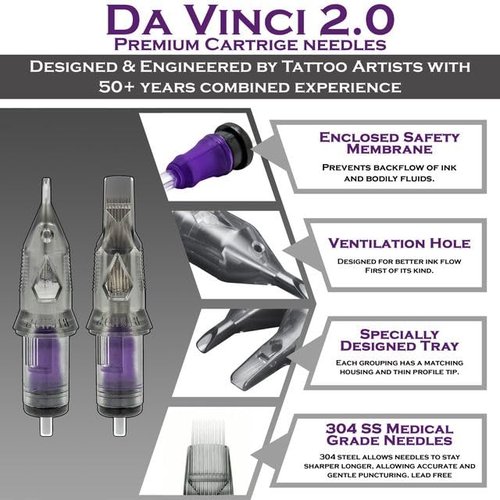 Bishop Tattoo Da Vinci V2 Cartridges - Bugpin - 10 Gage With 03 Pins - Round Liner Long - 20 Cartridges