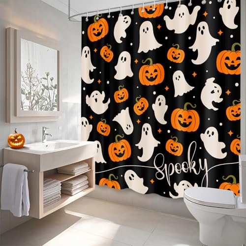 Halloween Ghost Pumpkin Shower Curtain - Black, Waterproof, 72x72 in