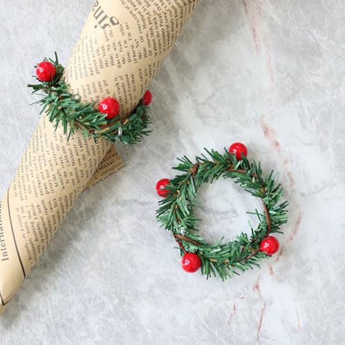 12Pcs Christmas Napkin Rings Pine Needle & Red Fruit Flower Holiday Decor