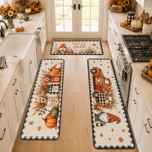 Fall Kitchen Rugs Set of 3 with Gnome Truck and Buffalo Plaid - Farmhouse Decor