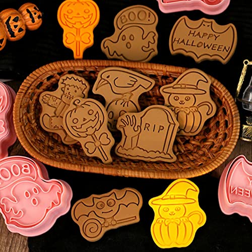 Halloween Cookie Cutter Set with Stamp - 8 Plastic Baking Tools for Cookies & Pastries