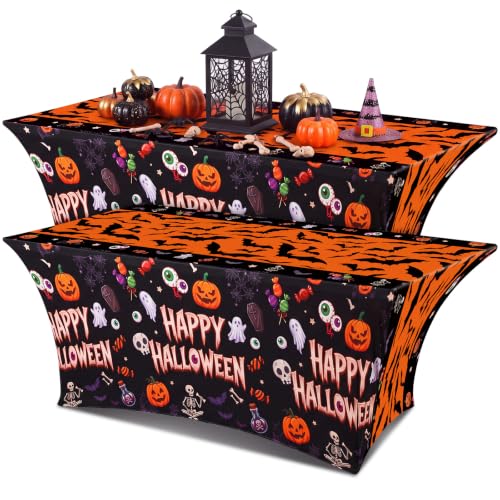 Halloween Tablecloth Set - 2 Elastic Spandex Cover with Skeletons Bats Ghosts Pumpkin - 6ft