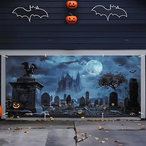 Halloween Garage Door Banner - Haunted Graveyard with Pumpkins, Bats & Full Moon - 6x13FT - Spooky Outdoor Decoration - Variation #3