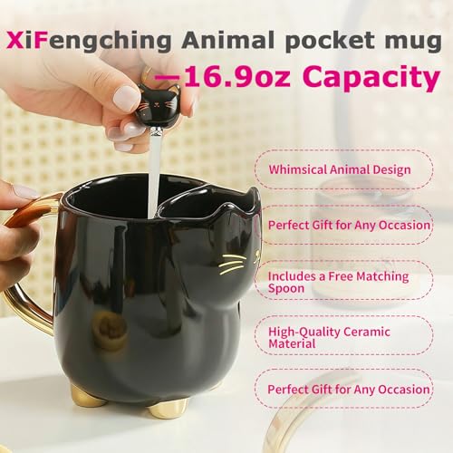 Black Christmas Cat Mug 17oz Ceramic Tea Coffee Cup with Lid & Spoon