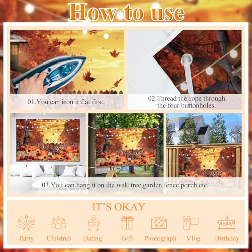 Fall Thanksgiving Backdrop Banner 10x8ft Farm Harvest Hay Photo Decor - Gold Variation
