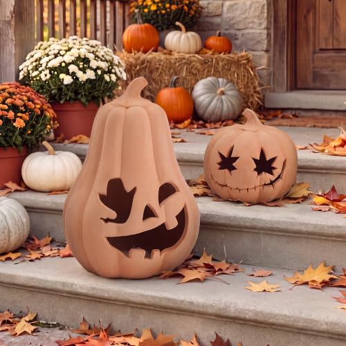 Set of 2 Terracotta Halloween Pumpkins with LED Lights - Indoor & Outdoor Decor