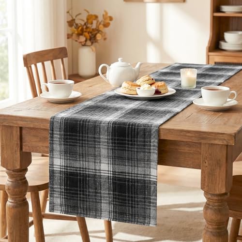 Farmhouse Check Table Runner 13x36 Inch Black Grey Halloween Rustic Home Decor