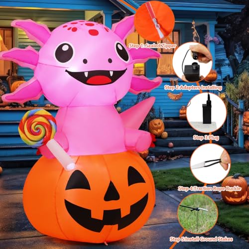 5 Ft Halloween Inflatable Axolotl Pumpkin Yard Decor with LED Lights Outdoor