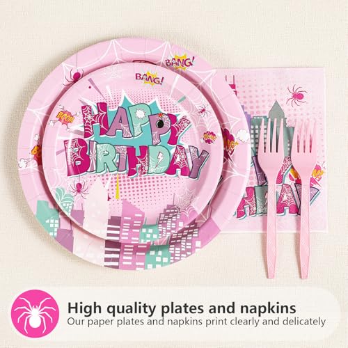 Pink Spider 4th Birthday Party Plates & Decorations - Serves 24 - Variation of Pink Web 4th Plates Kit