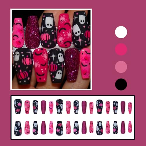 Halloween Press On Nails Medium Coffin Fake Nails with 3D Rhinestones and Spiders - Variation of Halloween Nails-5