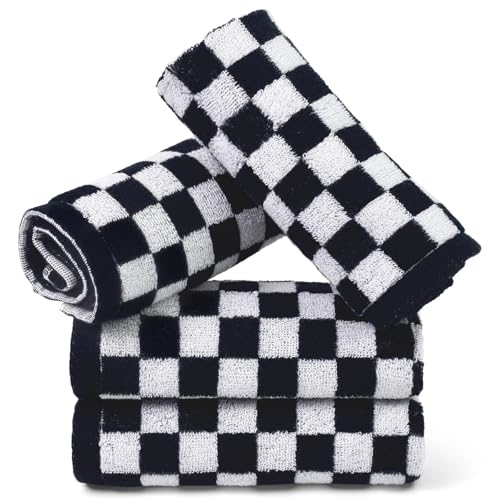 Jacquotha Wash Cloths Checkered 4 Pack (Black and White) - Cotton Washcloths for Face Body, 13 x 13 Inches Daily Cleansing Kitchen Towels