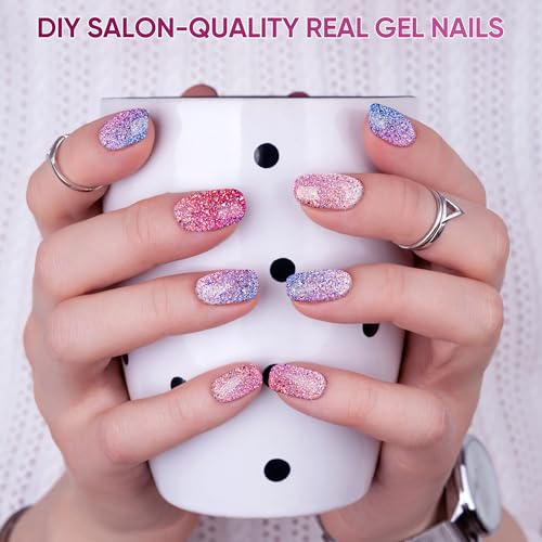 Semi Cured Gel Nail Strips with UV Light Required - Shiny Pink Blue 228, 22pcs