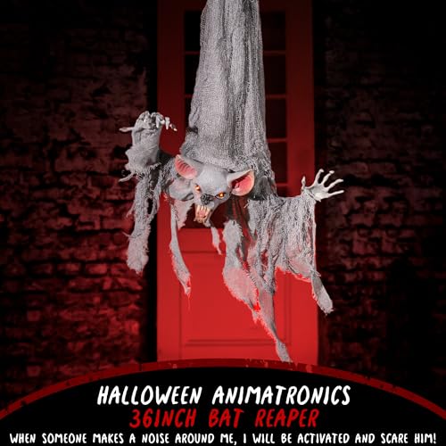 Halloween Animatronics 36in Reaper Bat - Spooky Hanging Animal Prop with Light Up Eyes & Sound