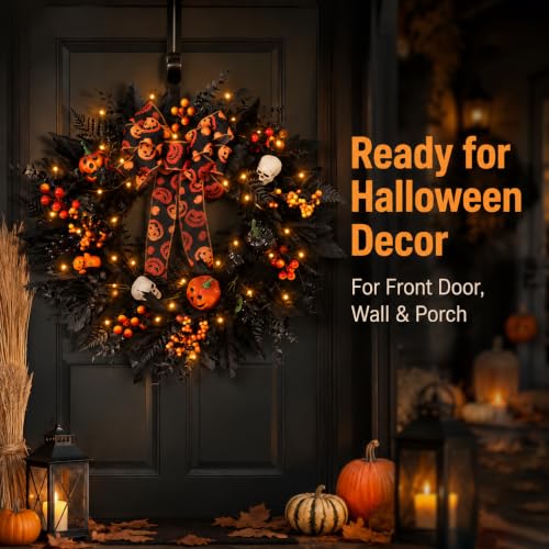Halloween Wreath for Front Door with Pumpkin Bow - Black Skeleton Spider Web Decor