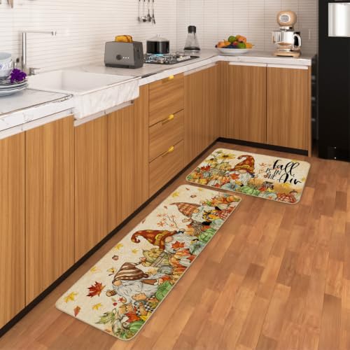 Fall Gnome Kitchen Rugs Set of 2 - 17x29 & 17x47 Inch Autumn Decor