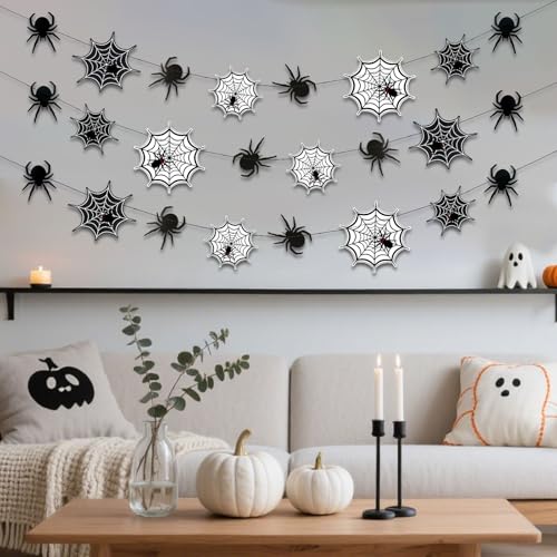 Halloween Spider Web Garland with Hanging Spiders - Indoor Outdoor Party Decorations