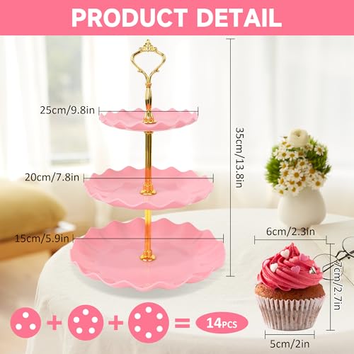 Pink Plastic 3-Tier Cake Stand with Metal Rod - Dessert Display for Parties