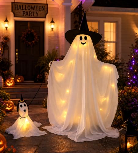 Outdoor Halloween Light-Up Ghost with Barking Ghost Dog - White, One Size