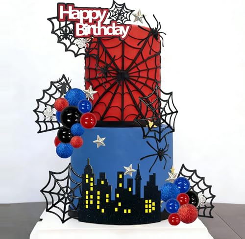 Spider Cake Topper Spider Web Decoration Set - Red-Blue Hero Theme Birthday Party Supplies