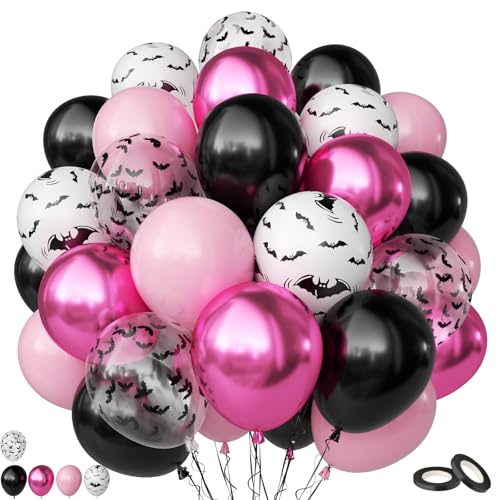 Halloween Balloons Set - Pink Black Bat Variation, 50 Pcs Spooky Party Decorations