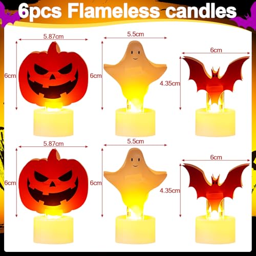 Halloween Flameless Candle Set with Pumpkin, Bat & Ghost Designs - Safe LED Tealights