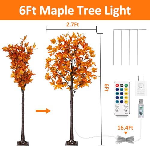2 Pack 6Ft 130 LED Fall Maple Tree with 8 Flashing Modes Dimmable Thanksgiving Decor