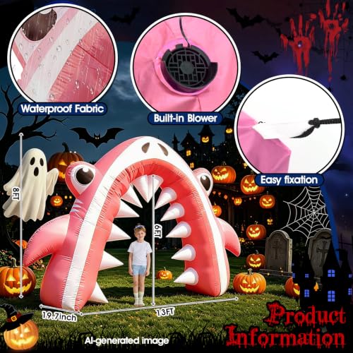 Pink Halloween Shark Inflatable Archway - 13FT Yard Lawn Decor with LED Lights
