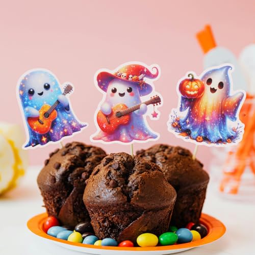 Halloween Ghost Music Guitar Cake Toppers Set - 24 Pcs Party Decorations