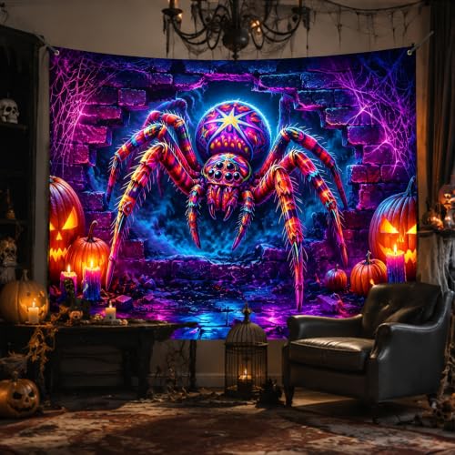 Neon Spider Halloween Banner - 71x91 Inches Polyester, Party Decor, Spooky Yard Display