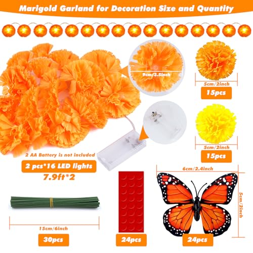 Day of The Dead Decorations Set with Marigold Garland Lights and Artificial Flowers