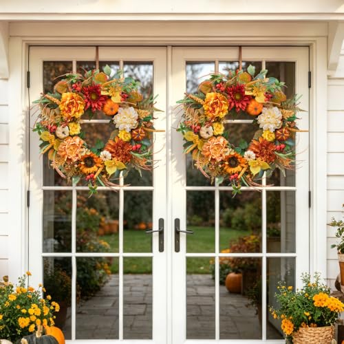 Artificial Fall Wreath for Front Door - Orange Peony & Pumpkins - Harvest Seasonal Decor