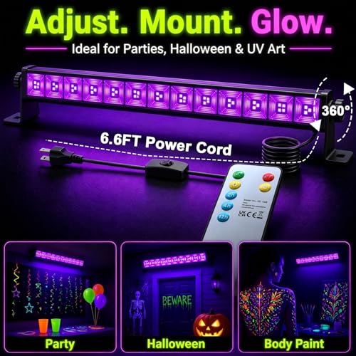 45W LED Black Light Bar with Remote Control - 4 Pack Dimmable & Timer, Fluorescent Party Lighting