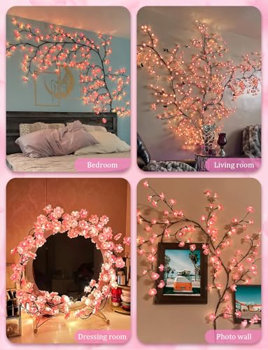 48 LED Pink Cherry Blossom Wall Lights for Bedroom Decor - Dimmable with Remote & Timer
