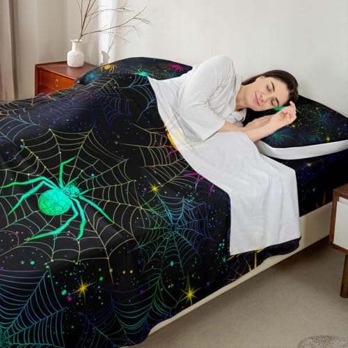 Halloween Spider Sheet Set Queen Rainbow Iridescent Bed Sheets with Glitter Stars & Web - Multi 19