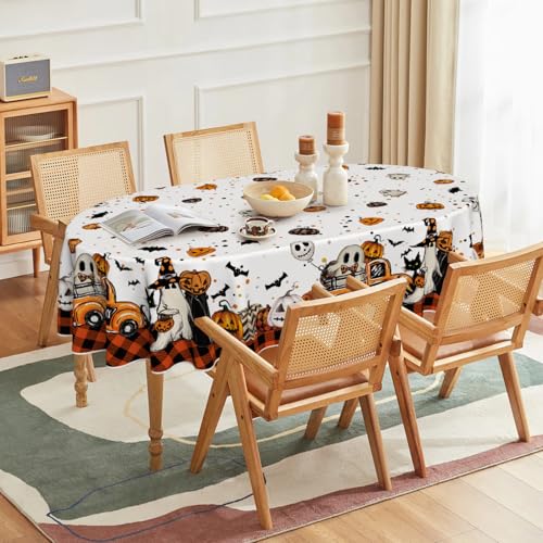 Halloween Oval Tablecloth 60 x 84 Inches Buffalo Plaid Pumpkin Orange