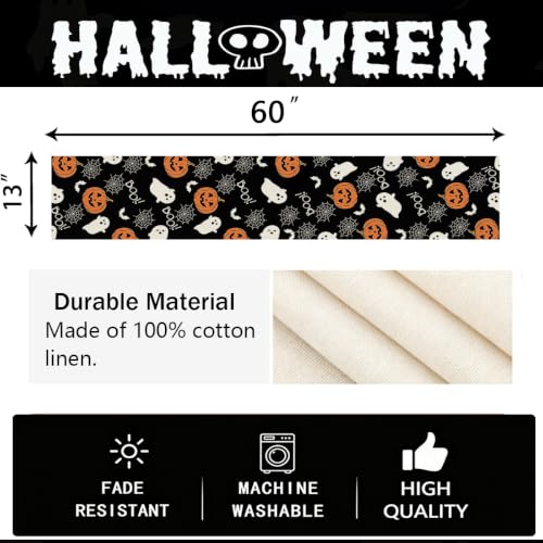 Black Halloween Table Runner Boo Ghost Pumpkin 13x60 Inches - Spooky Kitchen Decor