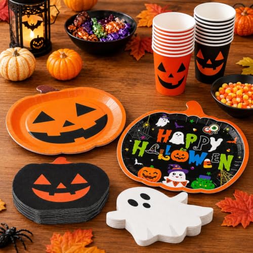 Halloween Party Supplies Set - Pumpkin Plates Cups Napkins for Costumes & Celebrations