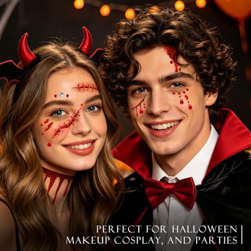 Halloween Fake Blood & Face Tattoo Kit with Gems for Zombie Vampire Makeup
